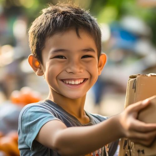 The Gonzalez Foundation - boy-smiles-as-he-holds-box-with-word-it
